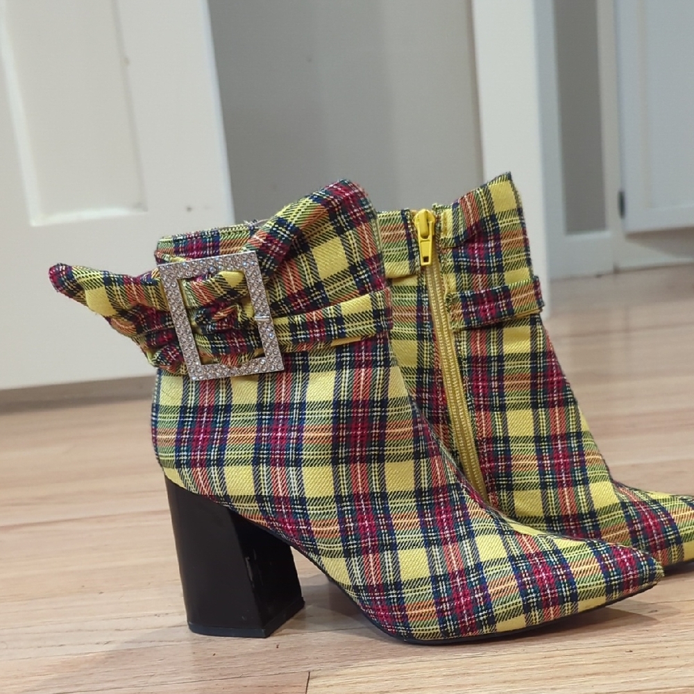 Betsey Johnson Yellow Plaid Ankle Boots with Buckle